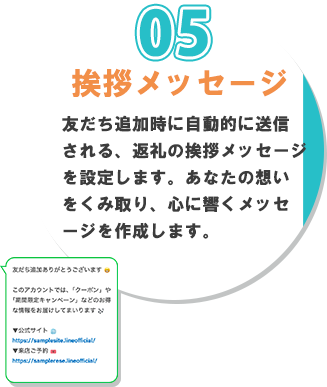 ５番、挨拶メッセージ。友だち追加時に自動的に送信される、返礼の挨拶メッセージを設定します。あなたが届けたい情報を基イ