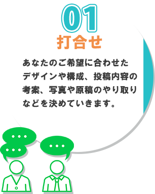 １番、打合せ。あなたのご希望に合わせたデザインや構成、投稿内容の考案、写真や原稿のやりとりなどを決めていきます。