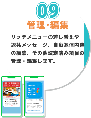 ９番、管理編集。リッチメニューの差し替えや、返礼メッセージ、自動返信内容の編集、